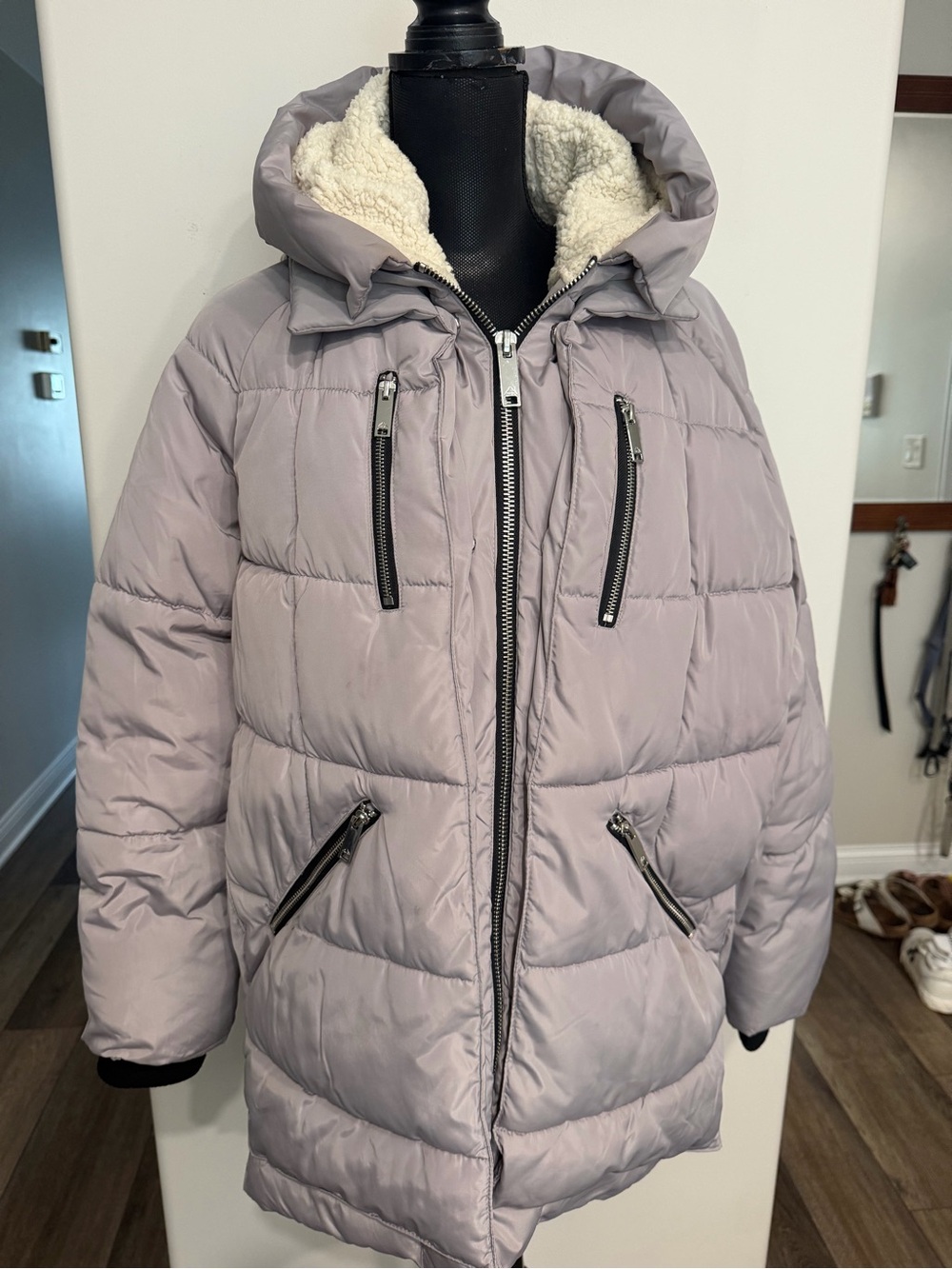 Girls Light Lavender Puffer Coat with Sherpa-Lined Hood